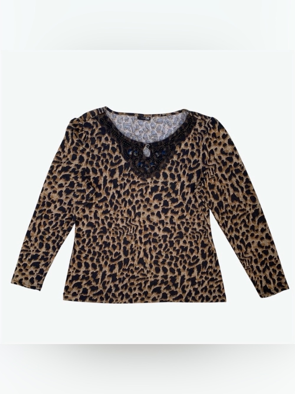 East 5th Petite Black & Tan Leopard Print Beaded Neck Long Sleeve Sweater ~ PL